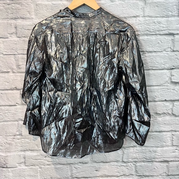 NWT - NILI LOTAN Sz Medium- Marlaina Silver Metallic Sheer Button Up Blouse - Picture 6 of 12